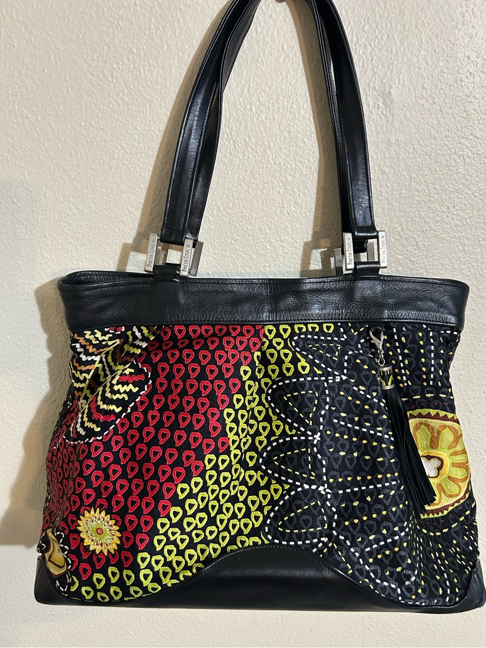 Pineda Covalin Silk Patterned Tote Bag Leather Art Boho